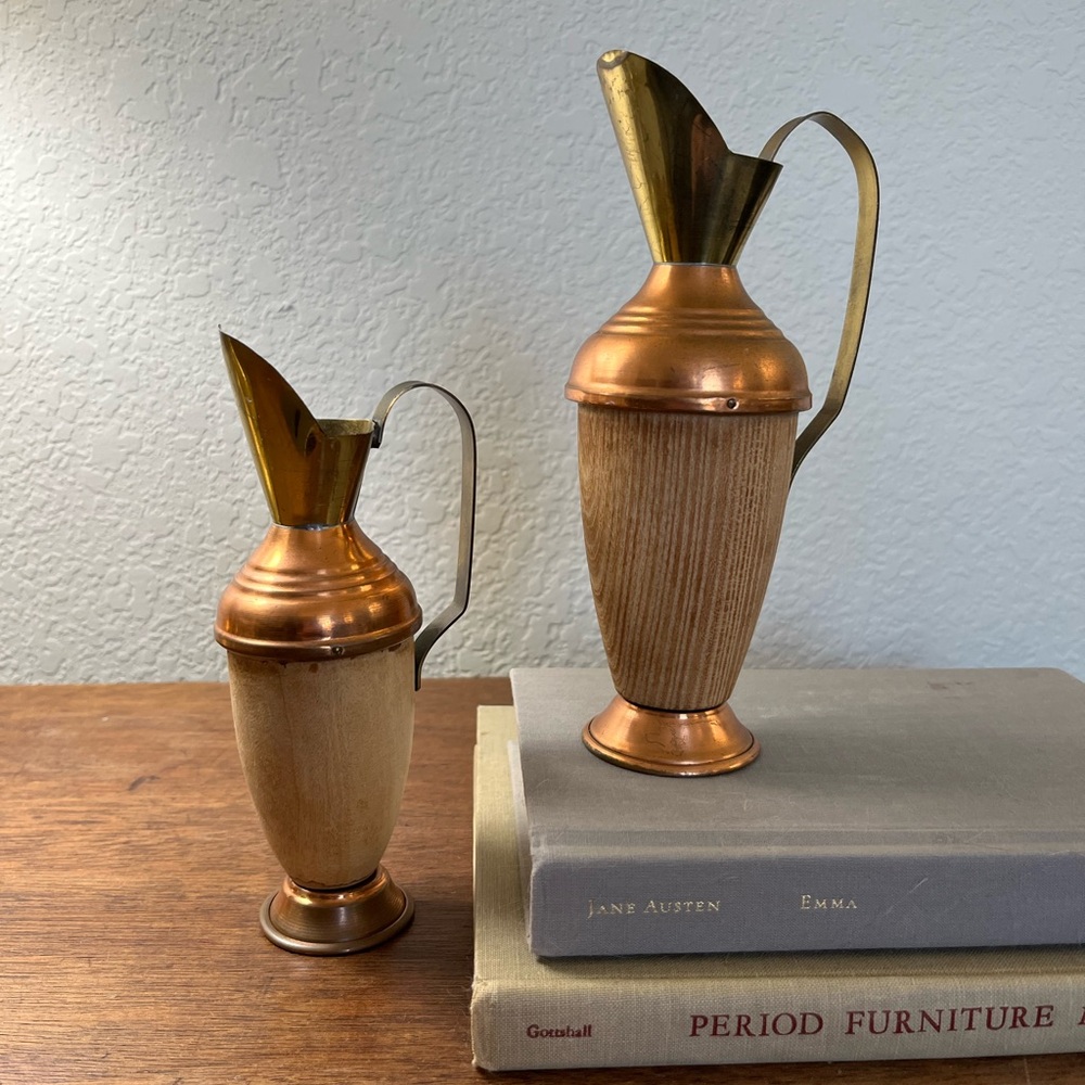 Set of 2 vintage copper and wood pitchers